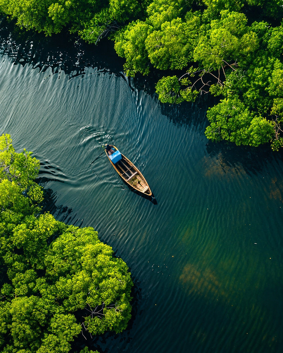 Aerial view of a wooden boat moving through mangrove water
