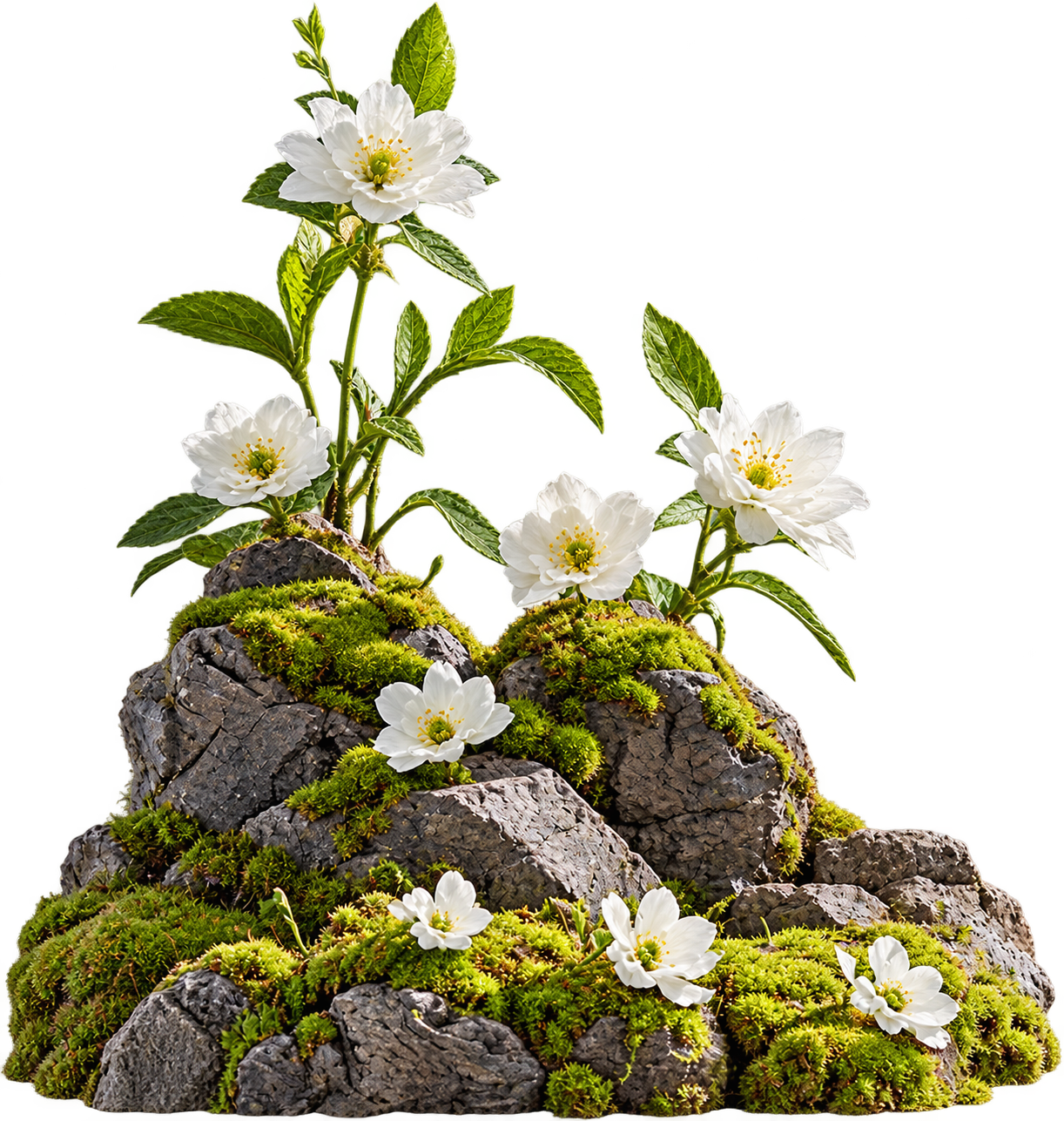 White flowers growing over moss-covered rocks