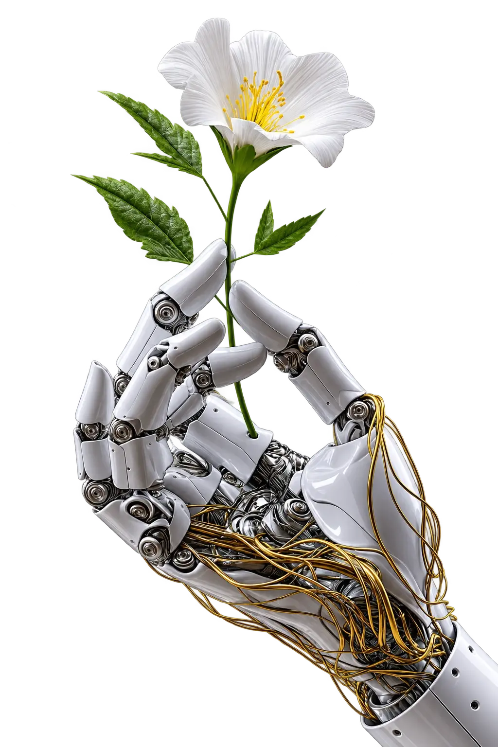 Robotic hand holding a flower, representing technology and nature
