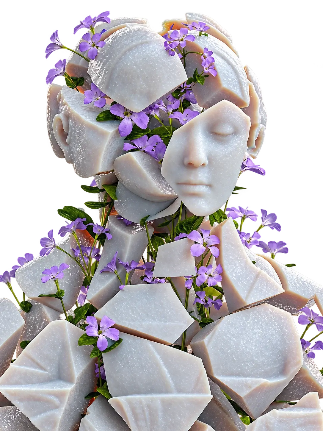 Sculptural figure with purple flowers