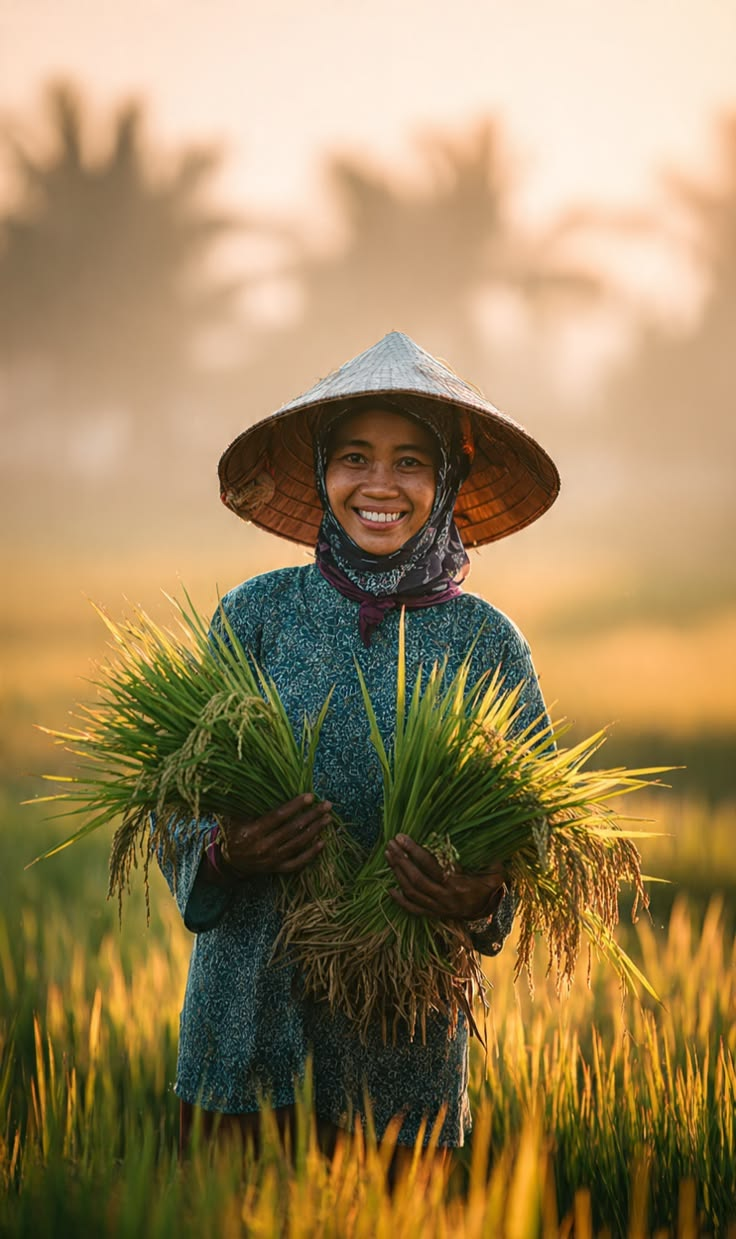 Farmer holding young rice plants