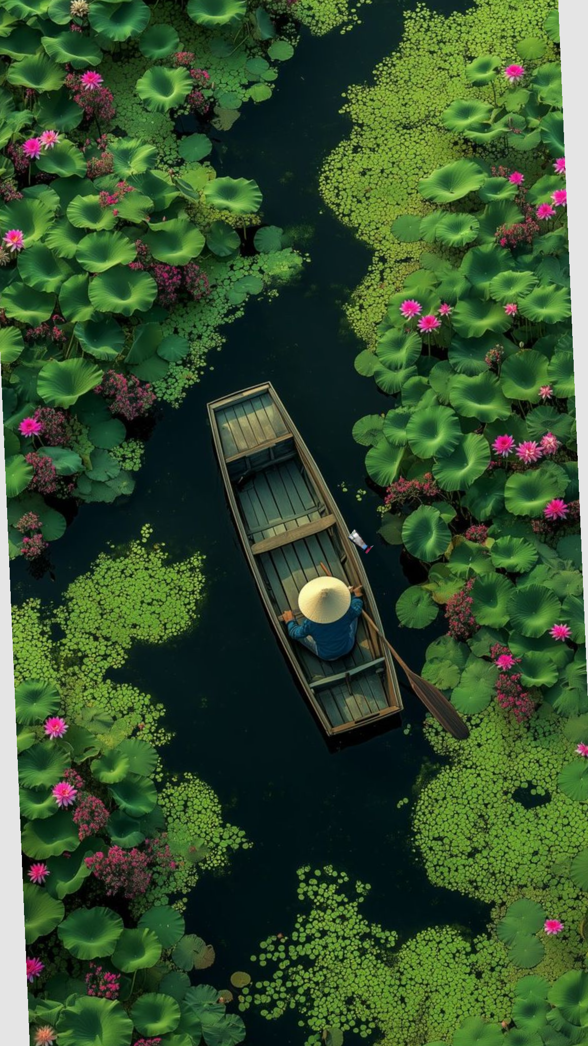 Boat travelling through a lotus landscape